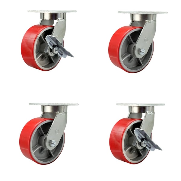 Service Caster 8'' Heavy Duty Red Poly on Cast Iron Caster Set 2 Swivel Lock 2 Brakes, 4PK CRAN-SCC-KP92S830-PUR-RS-BSL-2-SLB-2 - main